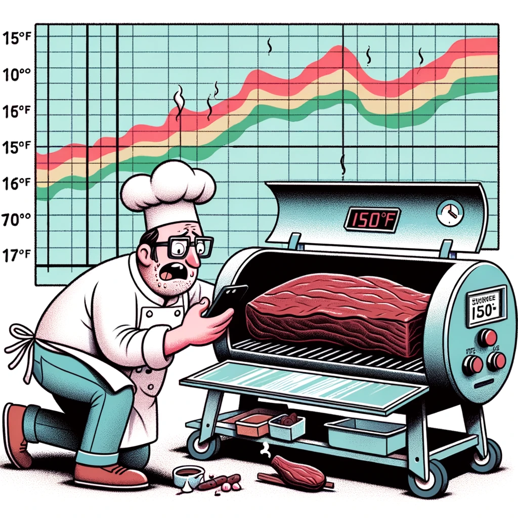 An illustration of a pitmaster checking a brisket on a smoker, with a caption bubble mentioning the brisket stall.
