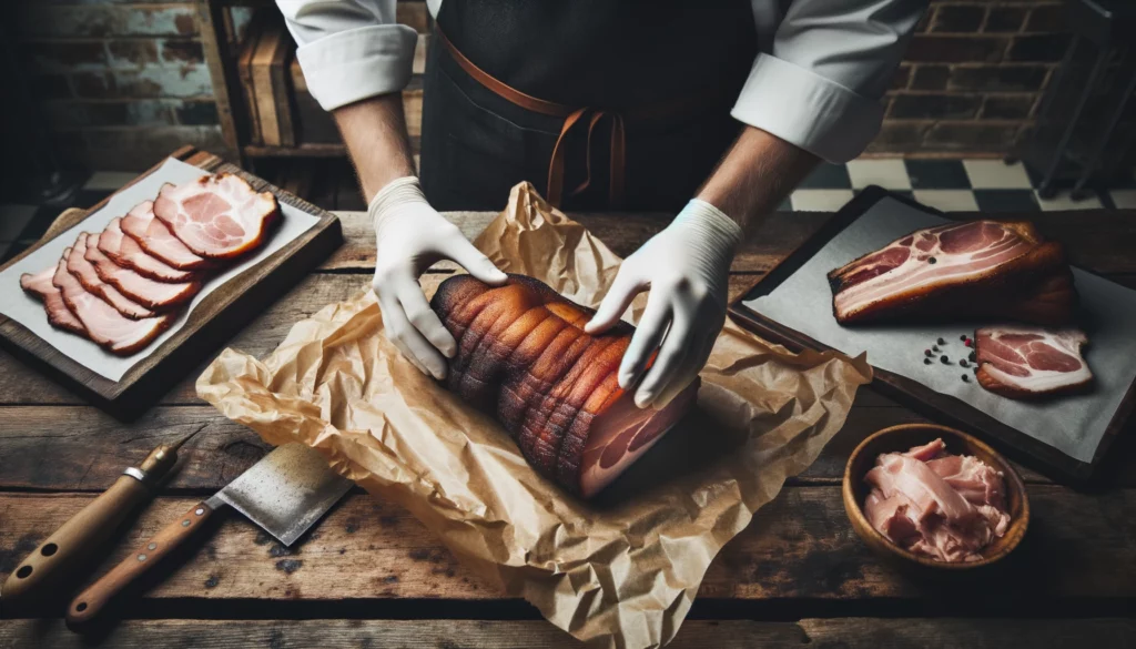 A smoked pork butt being placed in the center of the butcher paper, with gloved hands holding the meat.