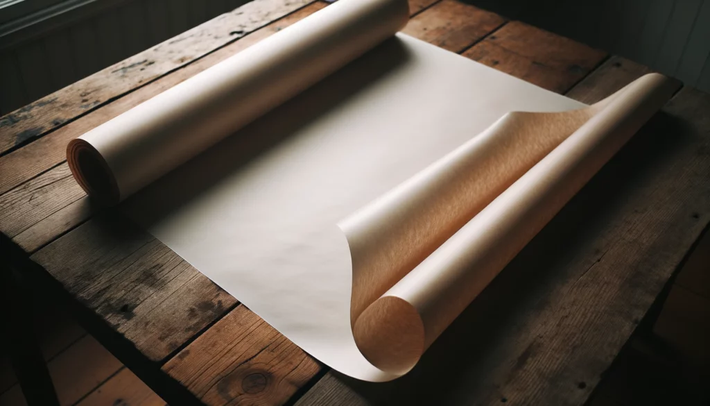 An open sheet of butcher paper on a table, with the shiny side facing down.
