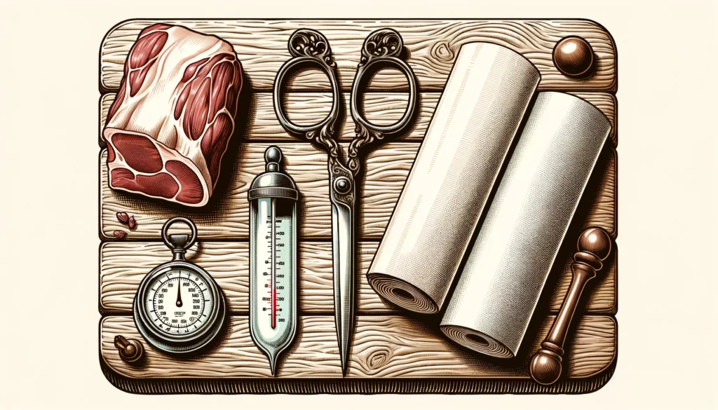 Picture of butcher paper, scissors or knife, and a meat thermometer on a wooden table.