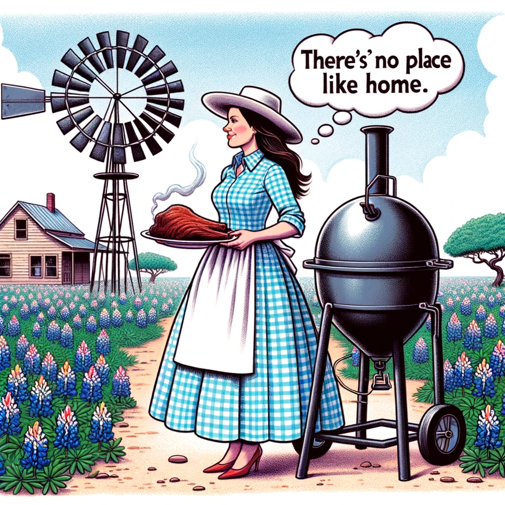 An illustration of a Central Texan woman near a barbecue smoker, reminiscing about her connection to her homeland.
