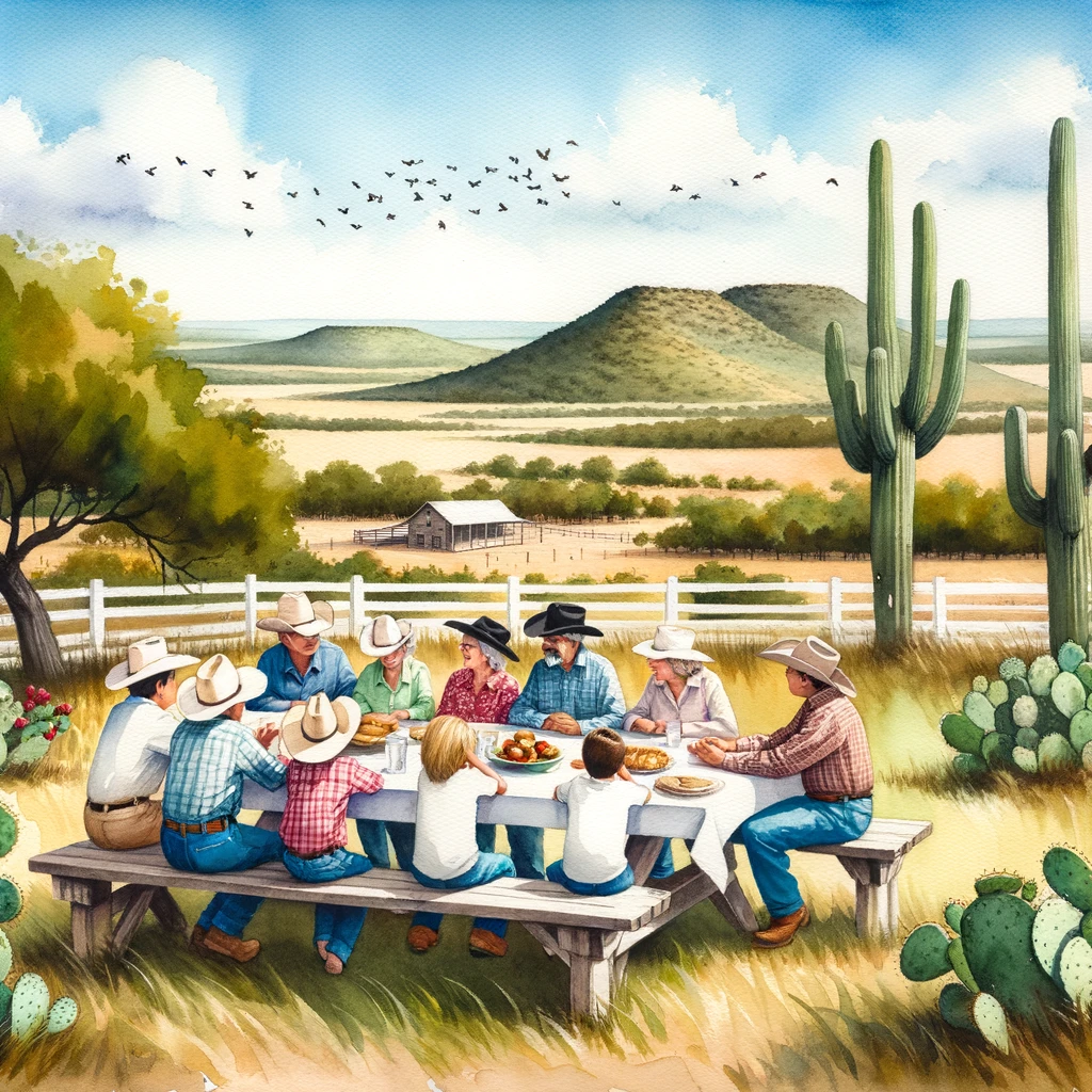 A watercolor depiction of a Central Texan family, enjoying a picnic and sharing stories, embodying the warmth and spirit of Central Texas.
