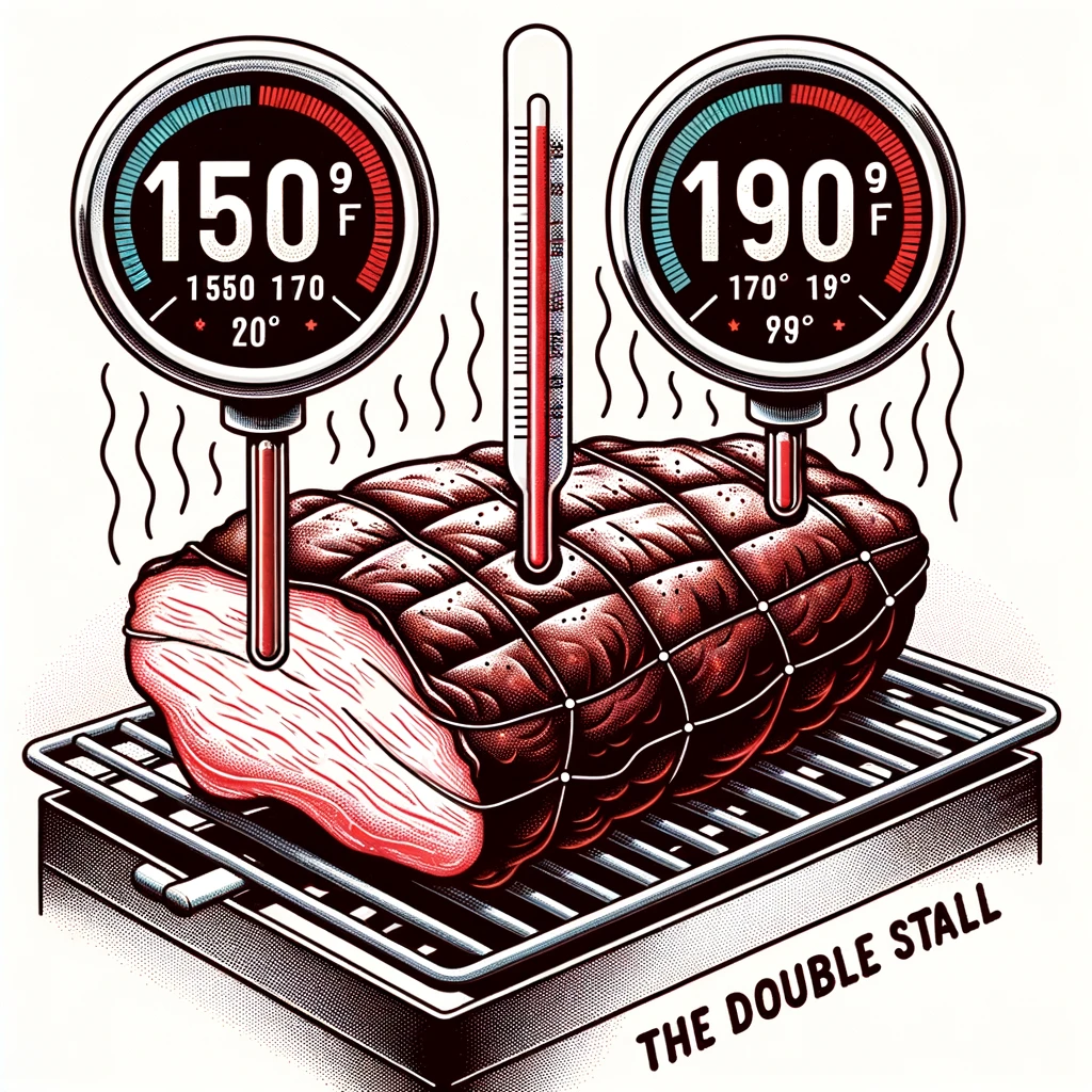 An illustration of a brisket on a grill with two thermometers, accompanied by a caption about the double stall.
