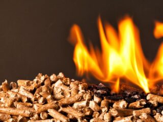 Closeup image of wood pellets on fire